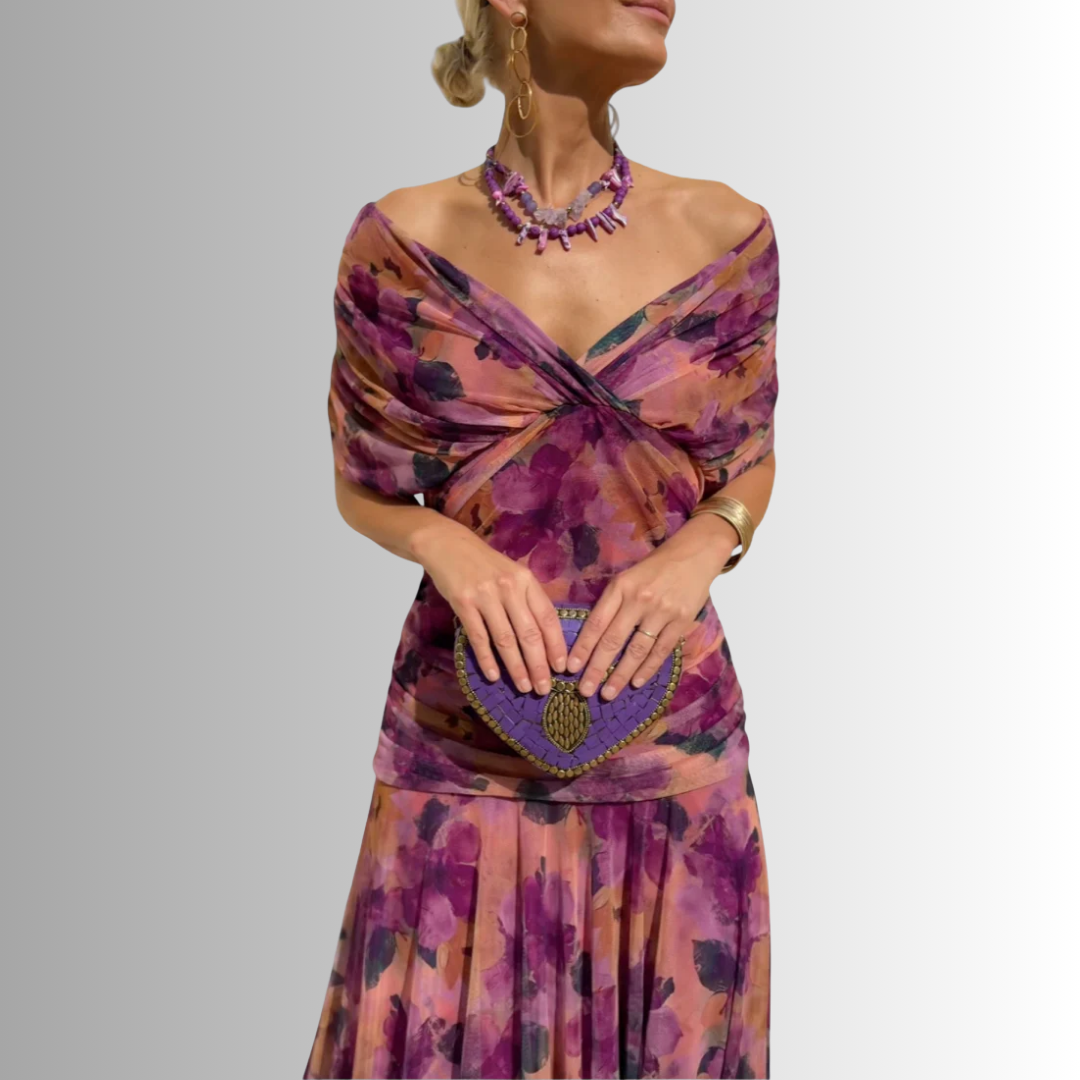 Women's formal off-shoulder maxi gown, a perfect wedding guest or special occasion dress.
