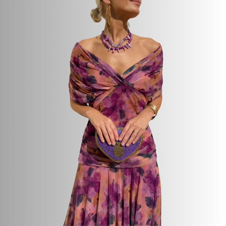 Women's formal off-shoulder maxi gown, a perfect wedding guest or special occasion dress.