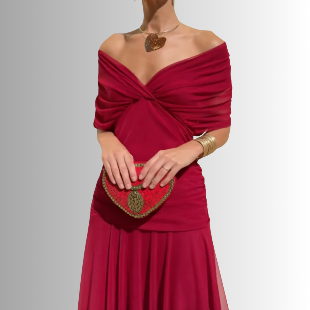 Beautiful off-shoulder long maxi dress for women, an elegant evening gown for formal special occasions.