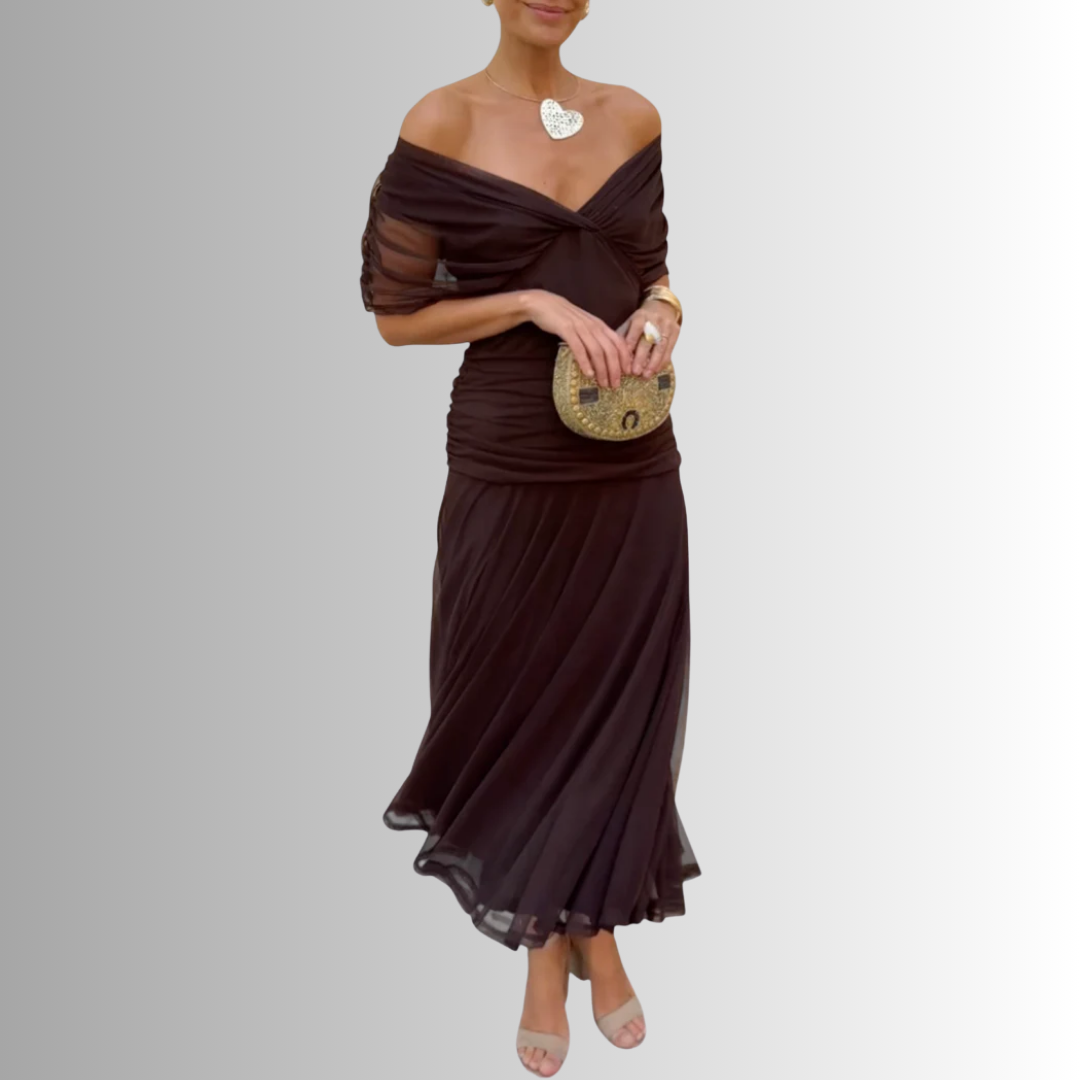 Women's elegant off-shoulder evening maxi dress, ideal for formal special occasions.