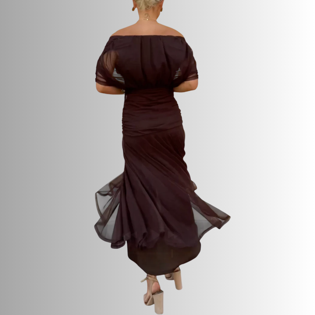Draped off-shoulder maxi dress for women, an elegant long formal gown for evening events.