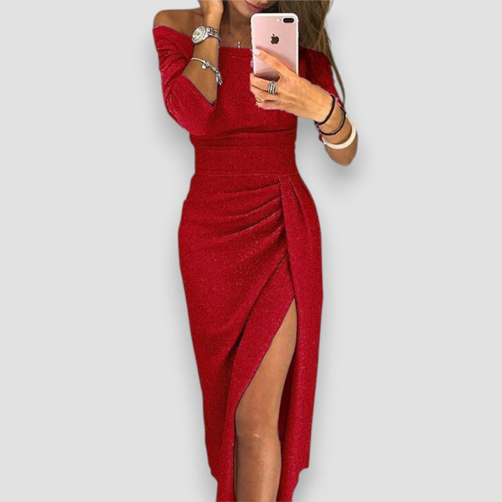 Sophisticated women's off-shoulder gown dress, an elegant choice for evening events.