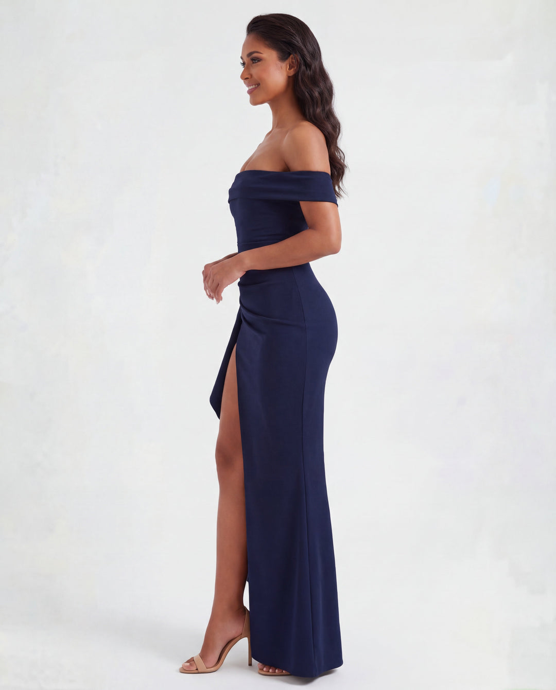 Versatile off-shoulder ruched maxi dress. Elegant bodycon evening gown for formal events, parties & galas.