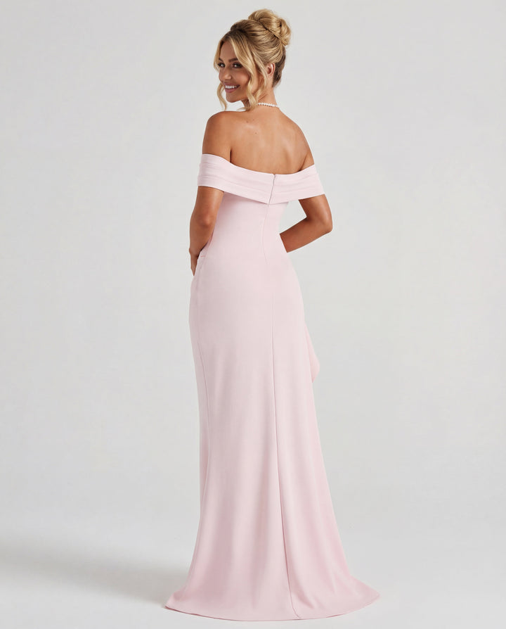 Stylish off-shoulder bodycon maxi dress with elegant ruched detailing for women, ideal formal evening gown.