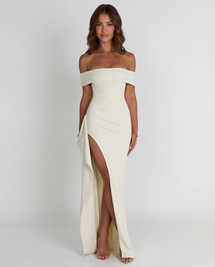 Formal off-shoulder ruched maxi dress for women, an elegant bodycon evening gown for special occasion parties.