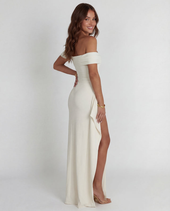 Chic ruched off-shoulder bodycon maxi dress, an elegant women's evening gown perfect for galas and special events.