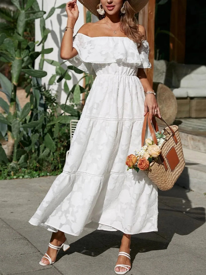 Elegant off-shoulder tiered maxi dress for women, perfect for wedding guests & formal occasions.