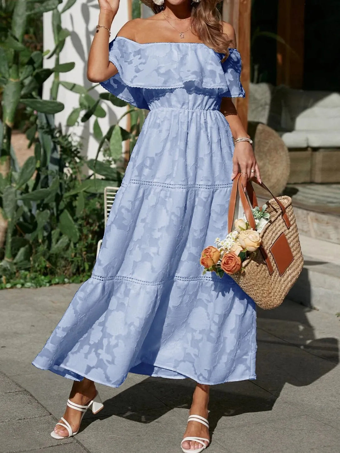 Off-shoulder wedding guest maxi dress, a flowing tiered ruffle design for sophisticated style.