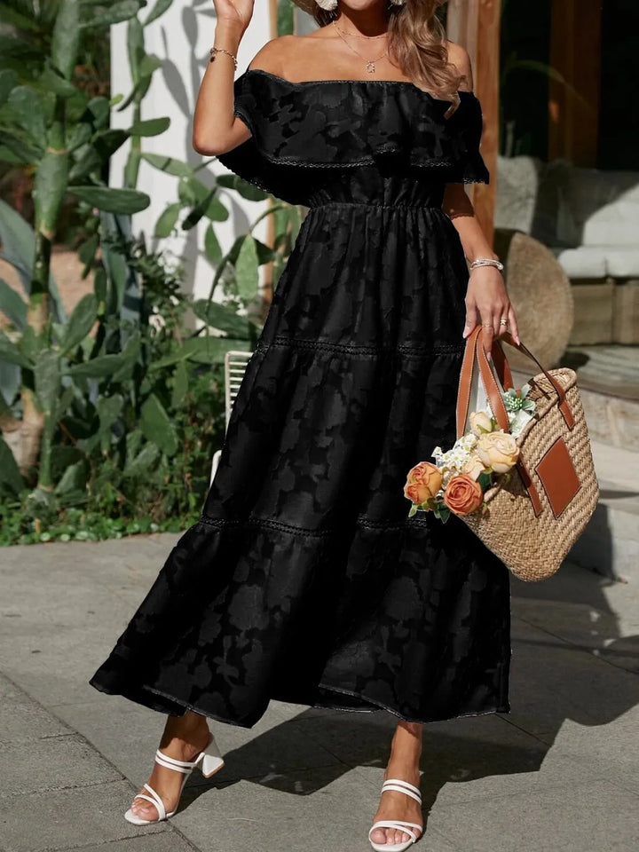 Party-ready off-shoulder ruffle tiered maxi dress, perfect women's fashion for summer & weddings.