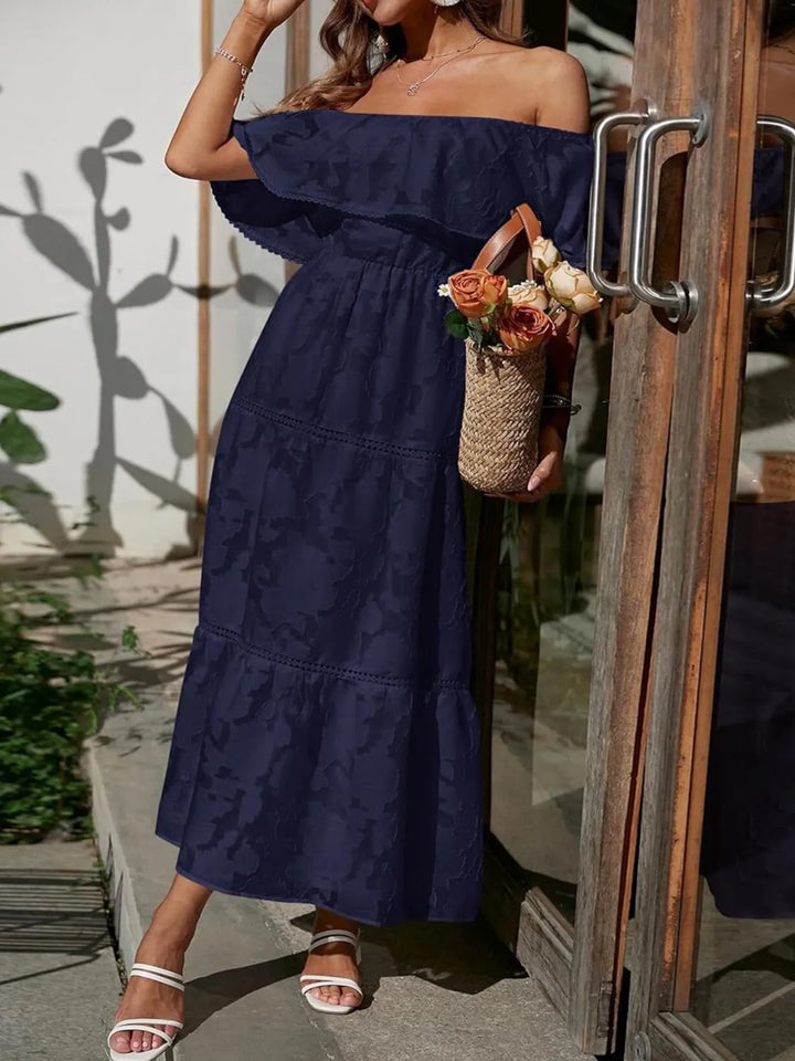 Beautiful off-shoulder ruffle tiered maxi dress for women, suitable for formal wear & parties.