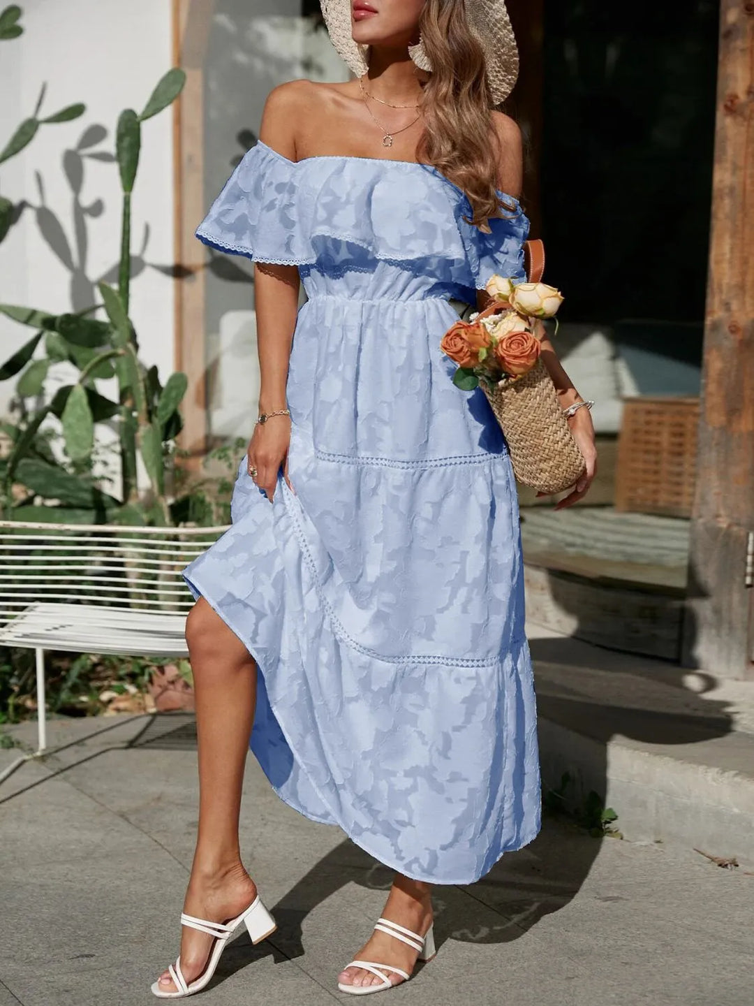 Stylish tiered ruffle maxi dress for women, off-shoulder neckline, ideal for formal summer events.