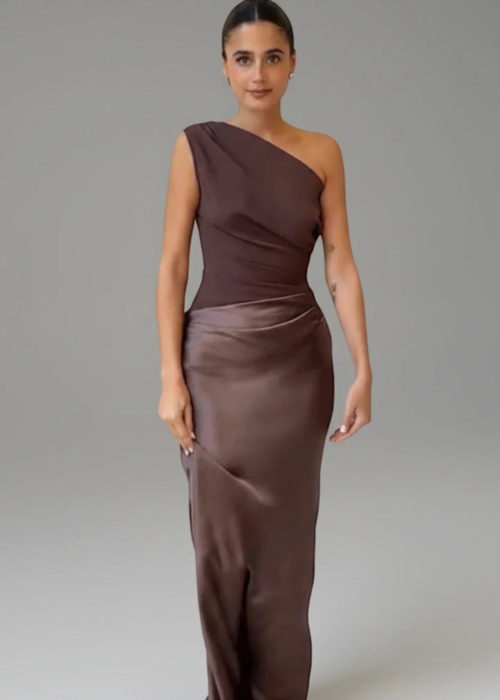 Elegant one-shoulder maxi dress for women, perfect for evening parties & special occasions. Sophisticated formal gown.