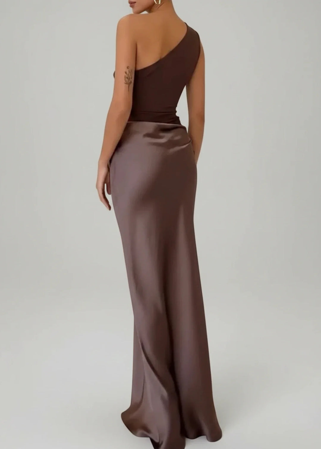 Chic one-shoulder maxi dress in dark brown, matcha, or sky blue. Long formal column silhouette evening gown.