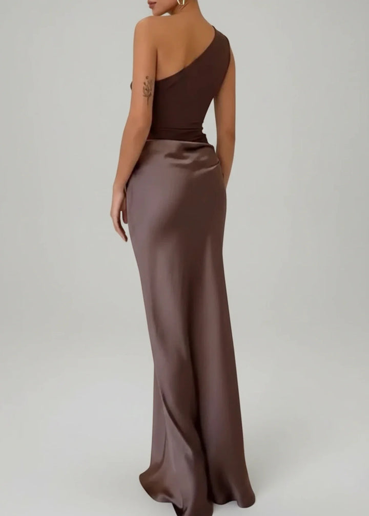 Chic one-shoulder maxi dress in dark brown, matcha, or sky blue. Long formal column silhouette evening gown.