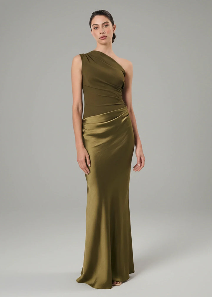 Women's elegant one-shoulder maxi party dress. Perfect long formal gown for evenings & special occasions.