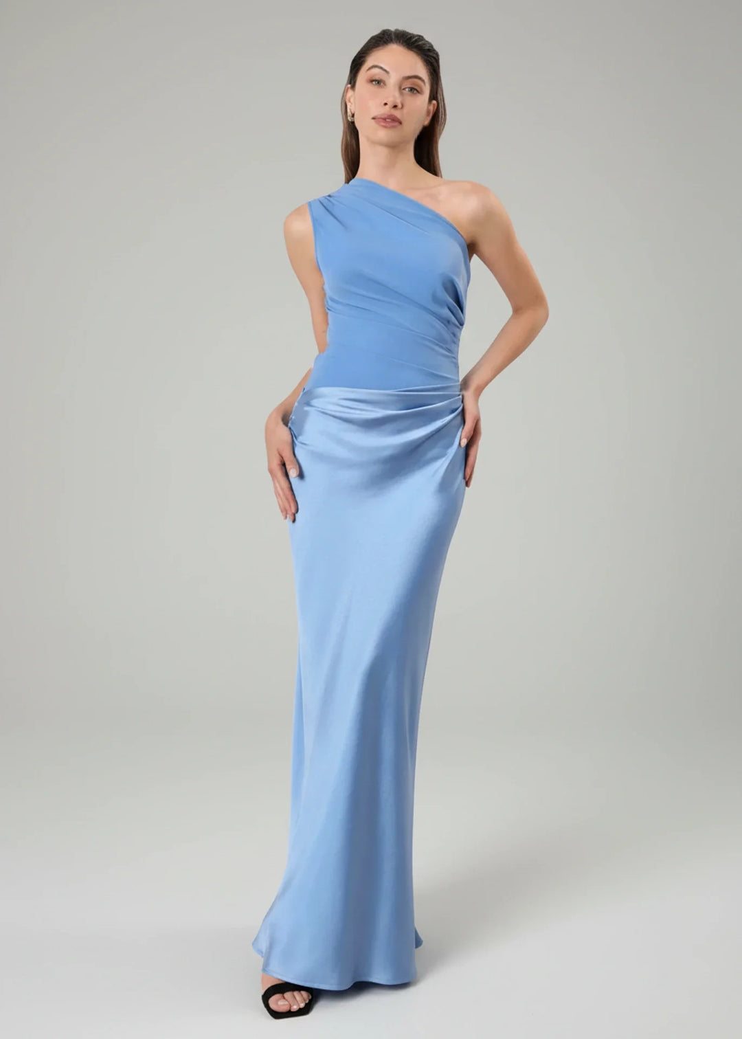 Sophisticated women's one-shoulder formal evening gown with elegant column silhouette. Perfect long maxi dress.