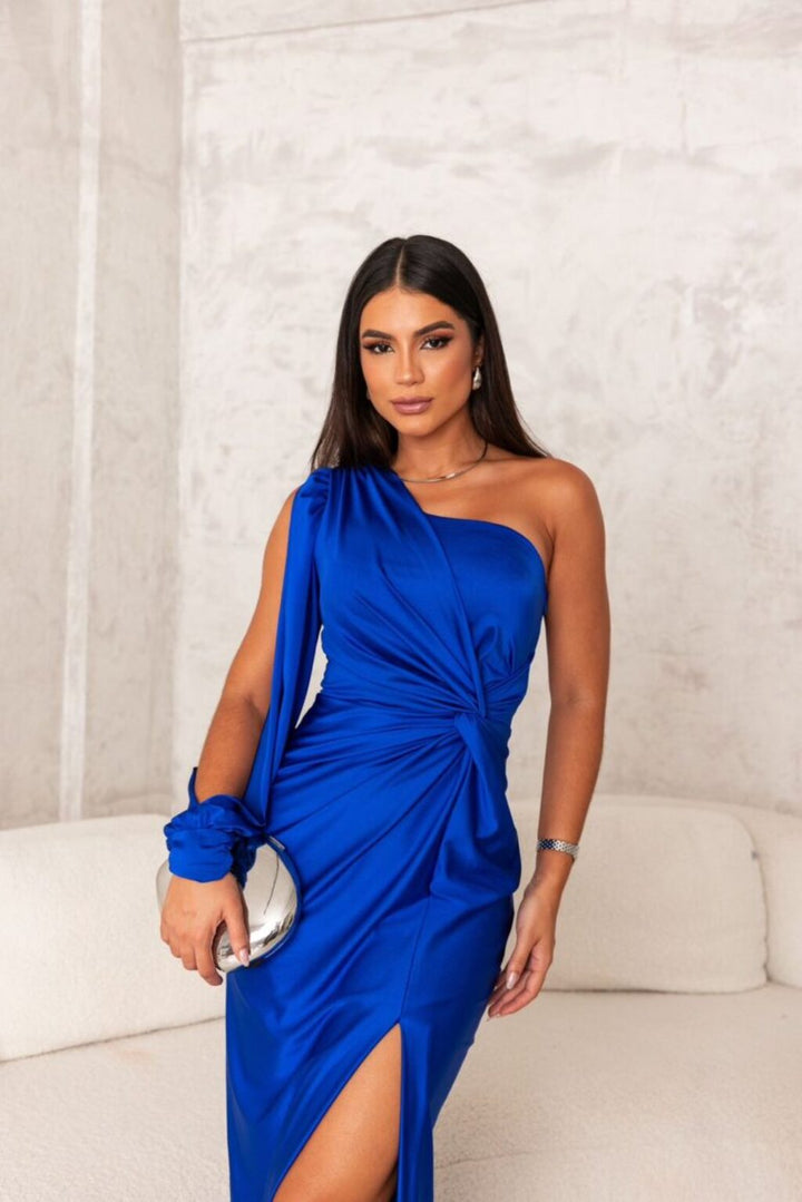 Chic one-shoulder satin maxi dress for women, a glamorous drape gown perfect as a wedding guest.