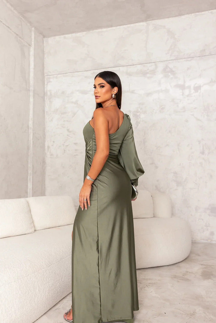 Stunning one-shoulder satin maxi drape gown, perfect women's formalwear for special occasions.