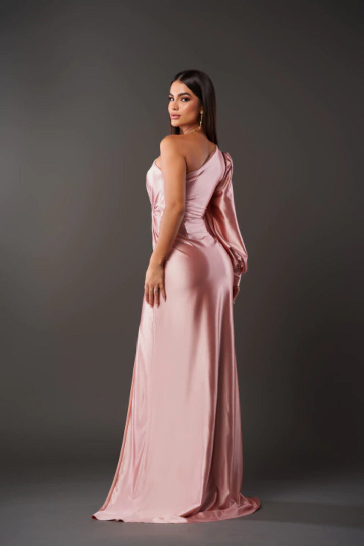 Glamour women's one-shoulder evening dress, a sophisticated satin drape gown for special occasions.