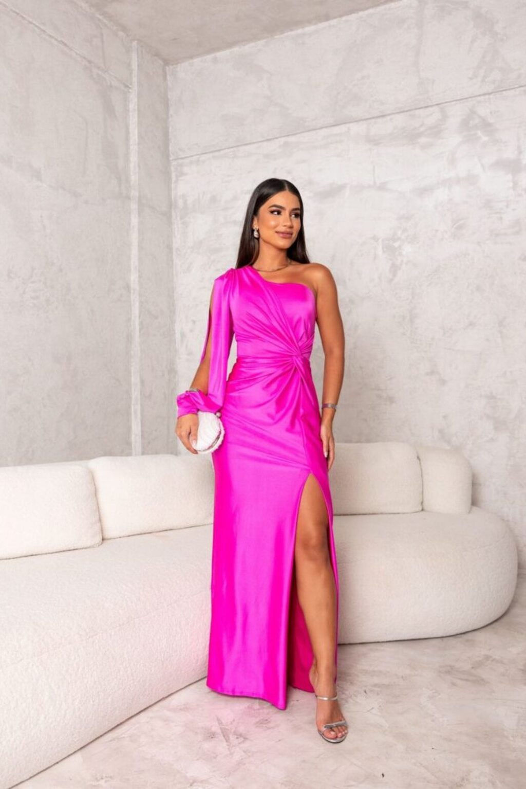 Elegant one-shoulder satin drape gown, a perfect women's maxi formalwear for wedding guests.
