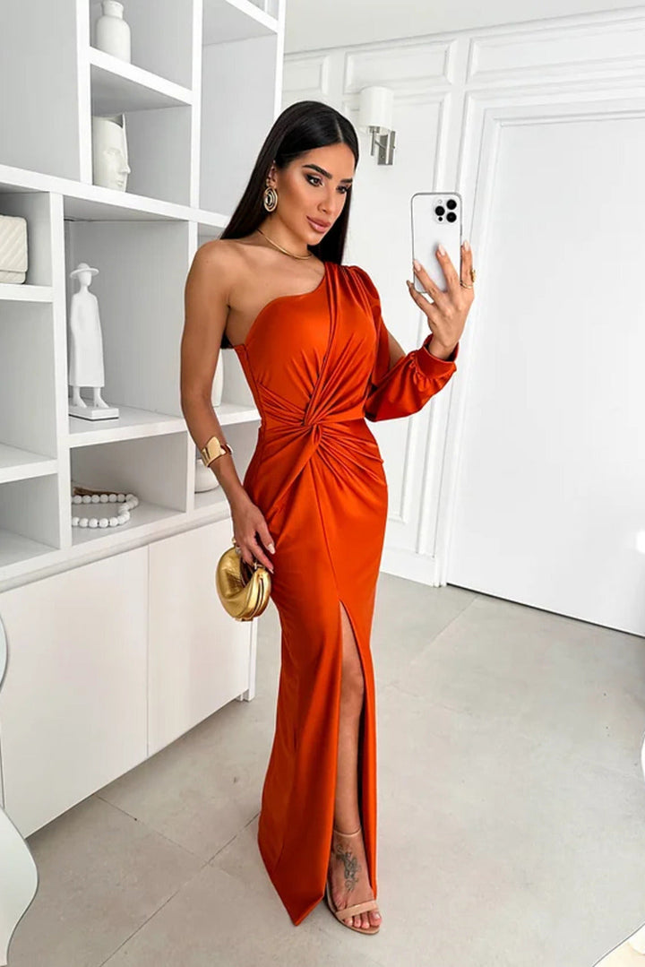 Glamour women's one-shoulder satin formal gown, perfect for wedding guest or special occasion.