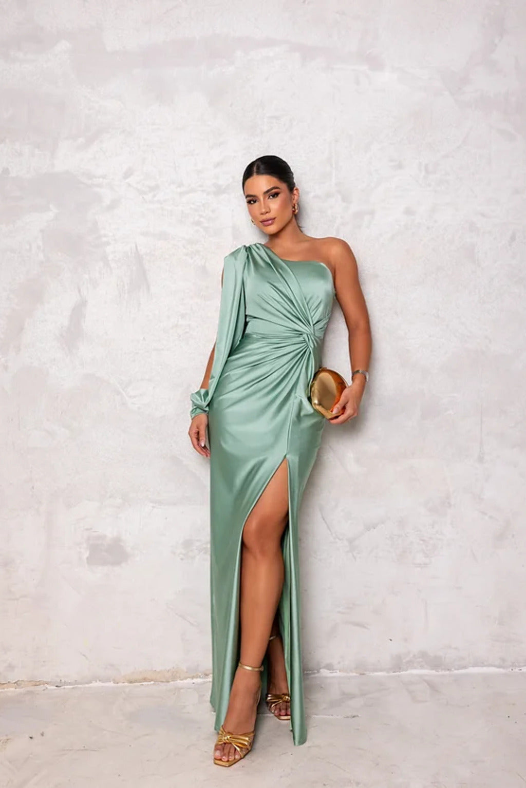 Stunning women's one-shoulder drape evening dress in satin, perfect for special occasion formalwear.