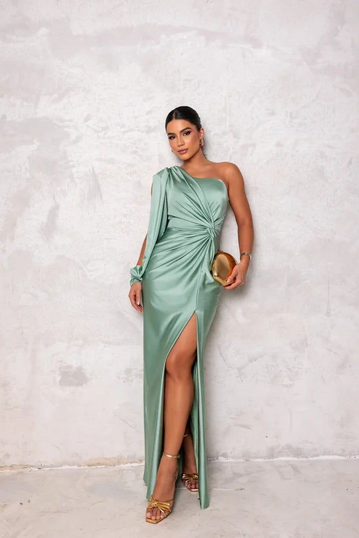 Stunning women's one-shoulder drape evening dress in satin, perfect for special occasion formalwear.