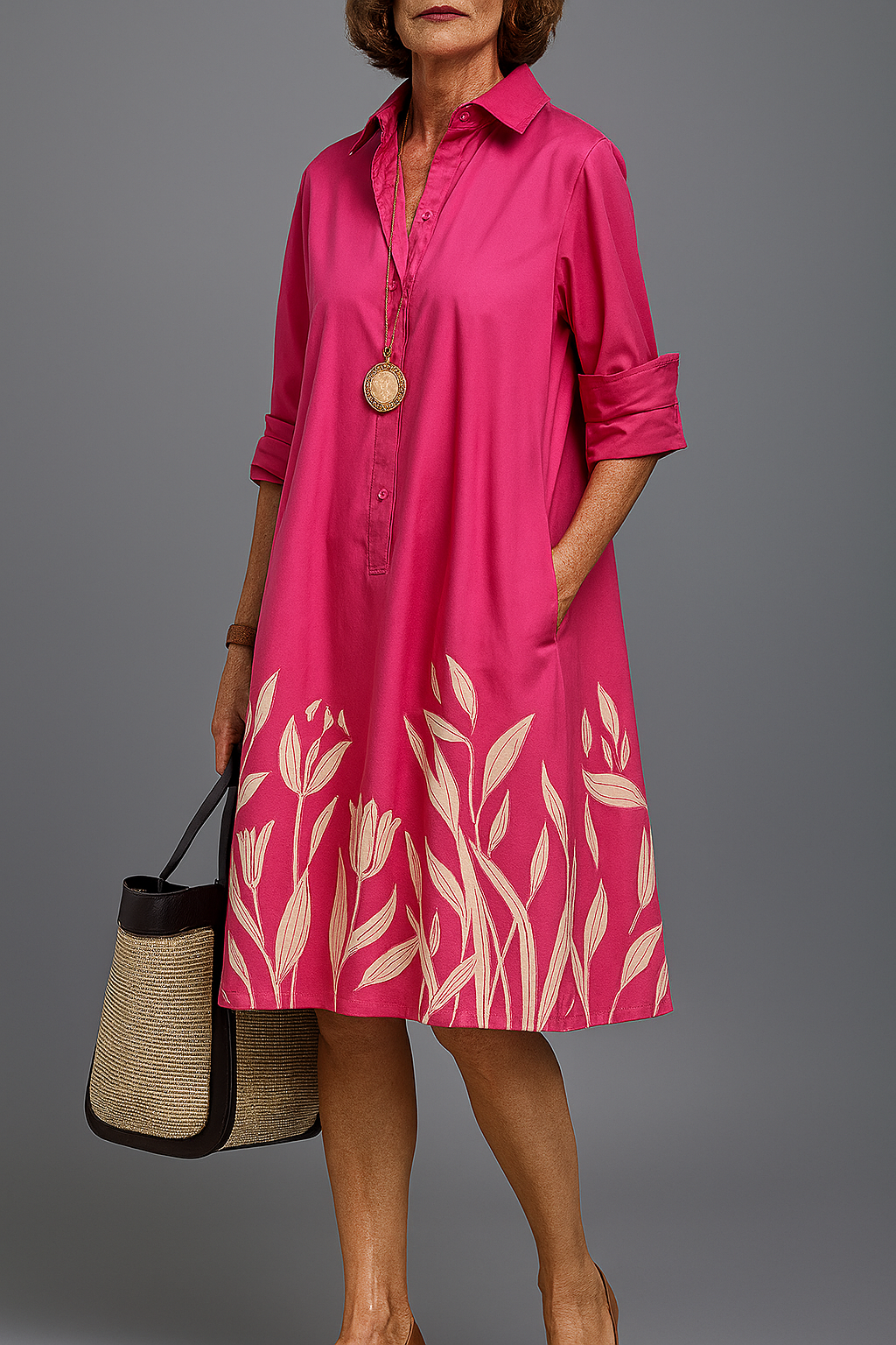 Elegant pink floral print midi shirt dress for women, perfect for spring/summer daytime or brunch.
