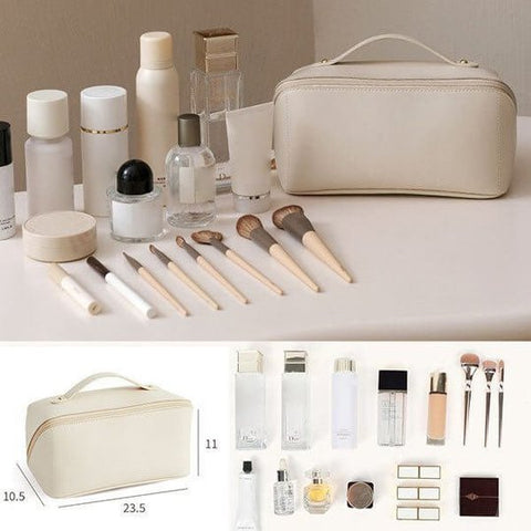 Pink elegant travel beauty bag for women's makeup & accessories, a chic and portable vanity organizer.