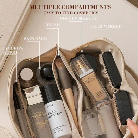 Brown travel makeup organizer bag, a smart cosmetic storage solution for women's beauty essentials.