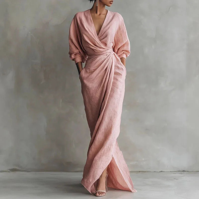 Elegant pink V-neck wrap maxi dress for women, perfect for evening or casual wear.