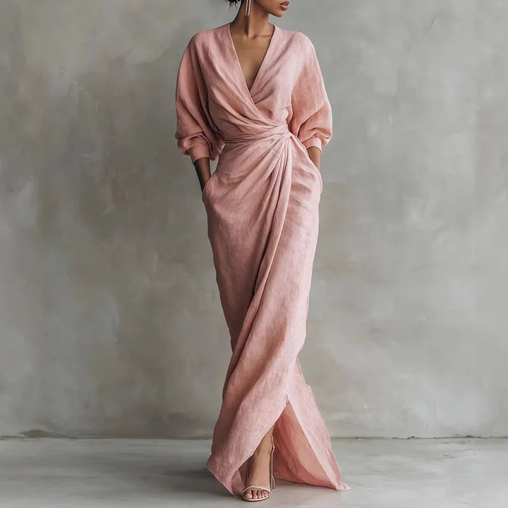 Elegant pink V-neck wrap maxi dress for women, perfect for evening or casual wear.