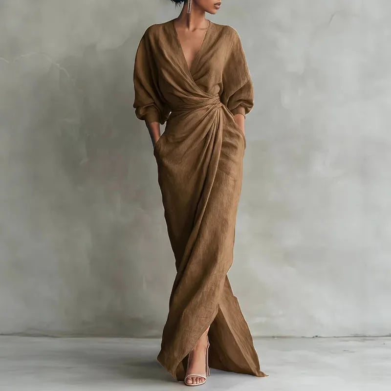Stylish brown V-neck wrap maxi dress for women, a comfortable and elegant casual option.