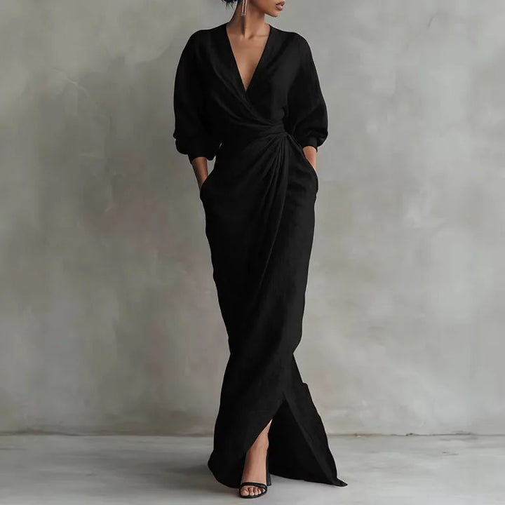 Bodycon pink V-neck wrap maxi dress for women, an elegant choice for evening wear.