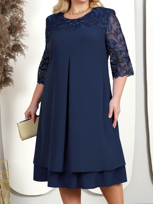 Elegant plus size embroidered banquet dress with sheer sleeves. Perfect women's formal evening gown for special occasions.