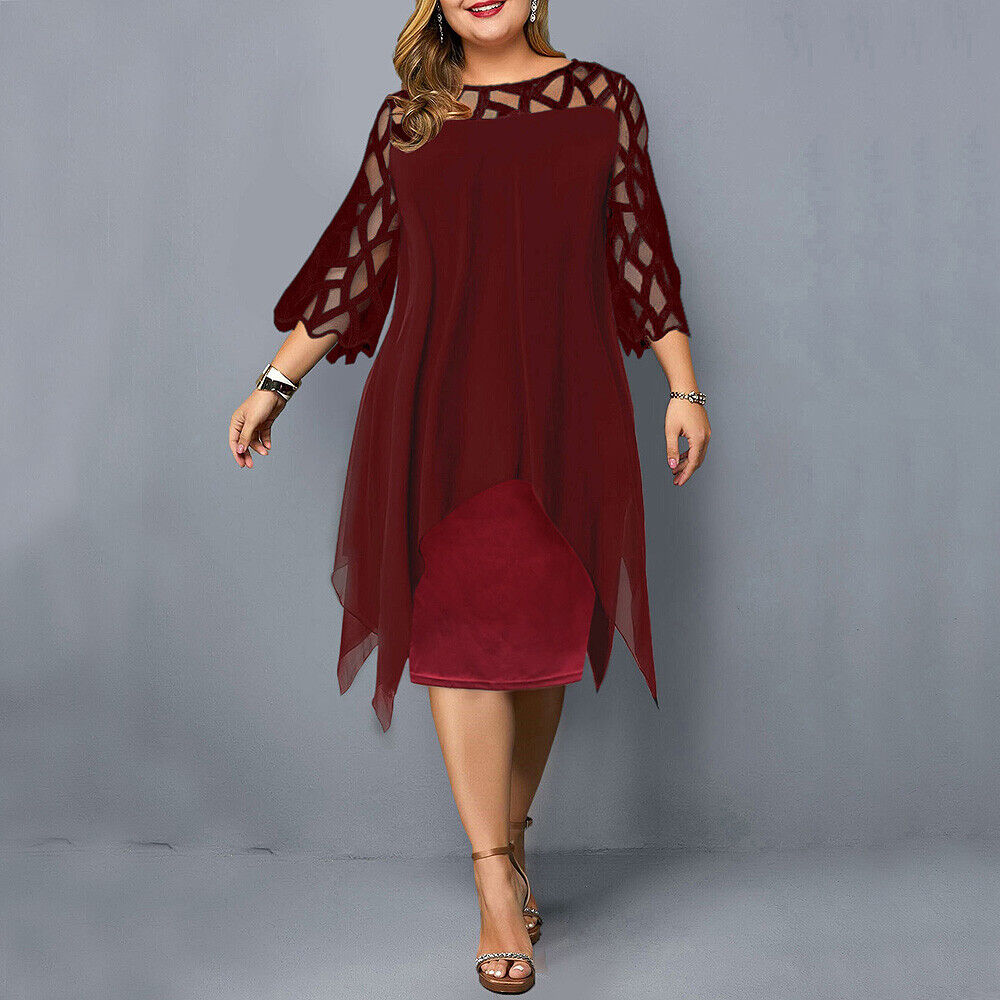 Formal plus size midi dress with exquisite lace long sleeves. Stylish round neck for special events & fall fashion.