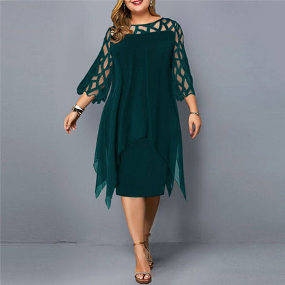 Versatile plus size midi dress for women with elegant lace sleeves, perfect for fall fashion & year-round elegance.