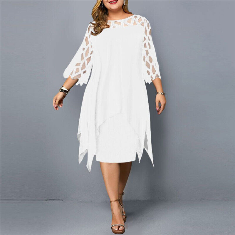 Plus size elegant midi dress for women with intricate lace sleeves. Ideal formal or party dress for curvy figures.