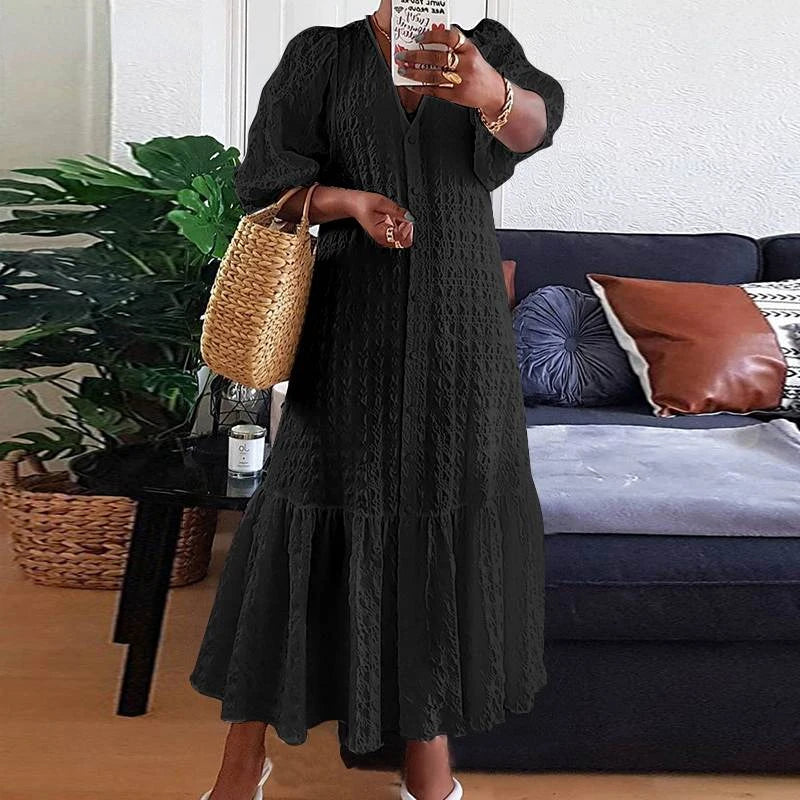 Chic women's plus size V-neck maxi dress with flowy skirt, ideal for summer or special events.