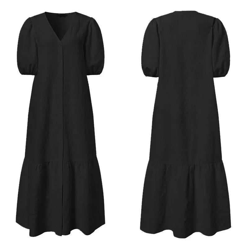 Stylish plus size maxi dress for women, with a deep V-neck and flowing silhouette. Great for special occasions.