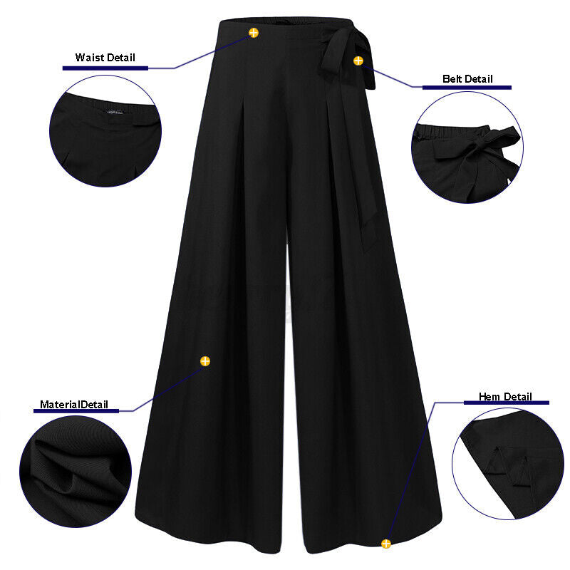 Side view of flattering high-waist plus-size wide-leg pants, chic professional silhouette.