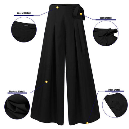 Side view of flattering high-waist plus-size wide-leg pants, chic professional silhouette.