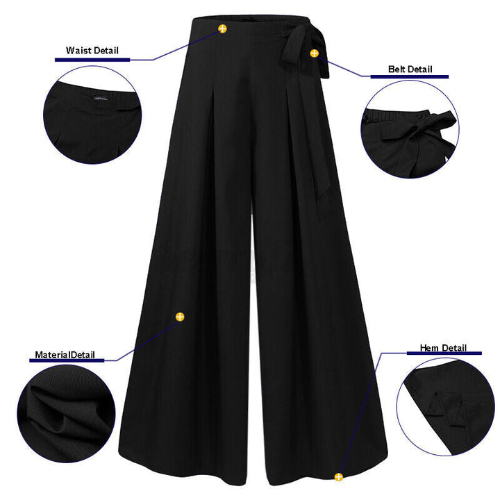 Side view of flattering high-waist plus-size wide-leg pants, chic professional silhouette.