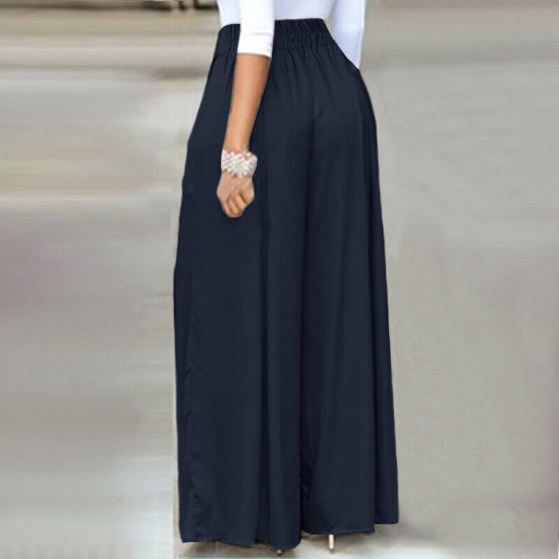 Front view of elegant plus-size wide-leg work pants, a staple for professional women.