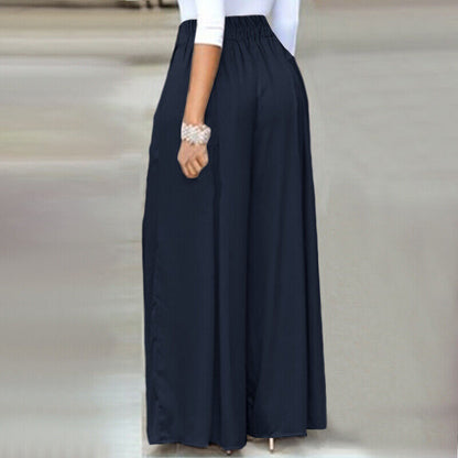 Front view of elegant plus-size wide-leg work pants, a staple for professional women.