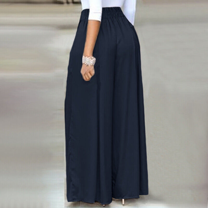 Front view of elegant plus-size wide-leg work pants, a staple for professional women.