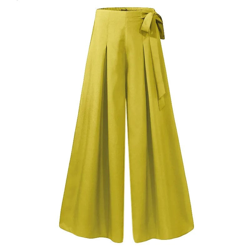 Close-up of comfortable fabric on elegant plus-size wide-leg work pants for women.