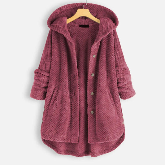 Elegant plus size women's hooded winter coat, warm & chic for cold weather.