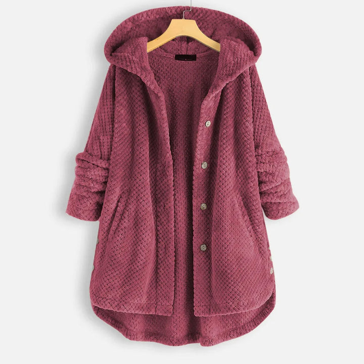 Elegant plus size women's hooded winter coat, warm & chic for cold weather.
