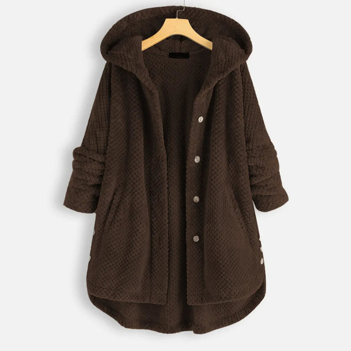Warm plus size women's winter coat with hood, stylish and comfortable outerwear.